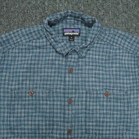 Patagonia Shirt Mens Medium Blue Back Step Plaid Short Sleeve Lightweight Hemp - Picture 2 of 10